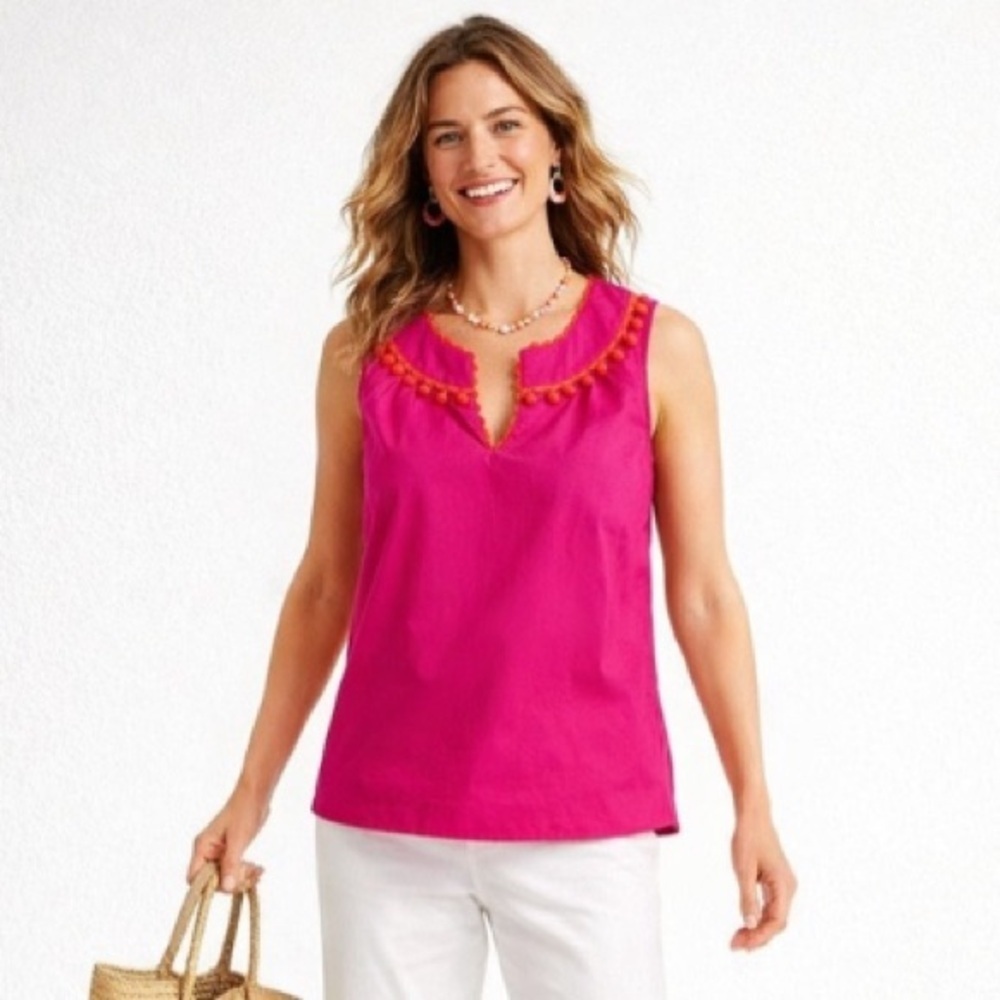 Boden bright pink cotton sleeveless boho top with orange Pom Pom trim. Size 6